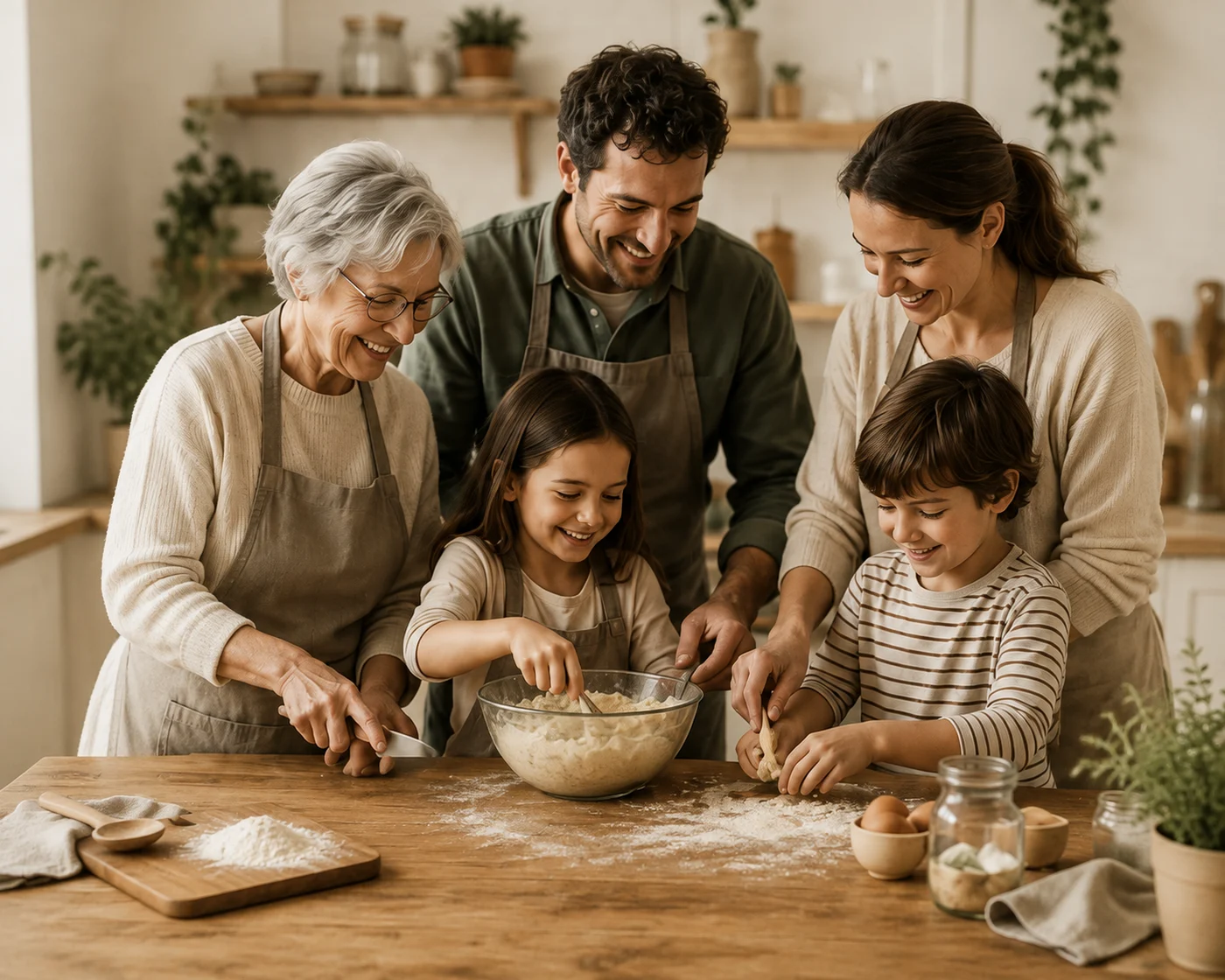 Three generations of a family baking together around a kitchen table