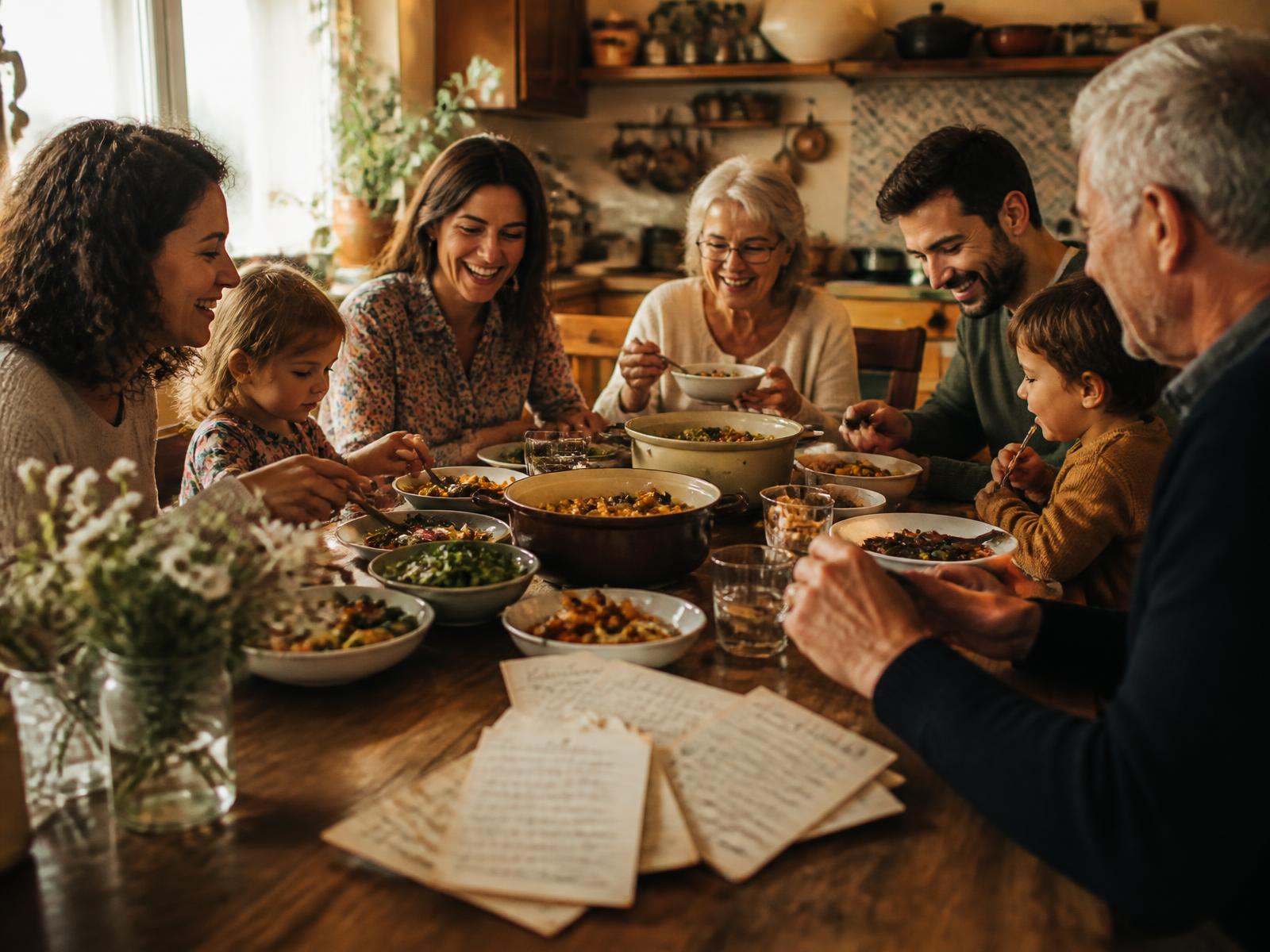 A family sharing a home-cooked meal around a kitchen table, handwritten recipe cards on the table