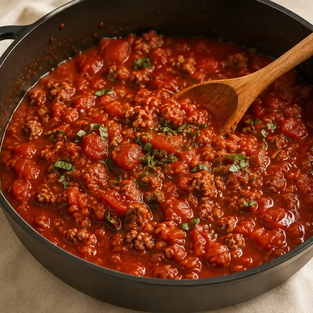 Mom's Sunday Sauce simmering in a pot with a wooden spoon